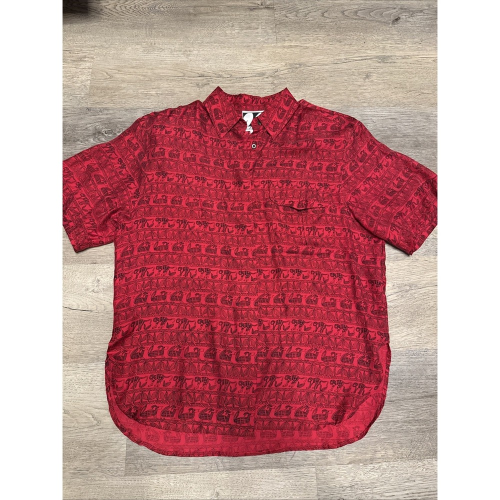 Diane Gilman 100%  Silk  Shirt Blouse ‎ Red With Tribal Animal Print Med Vintage